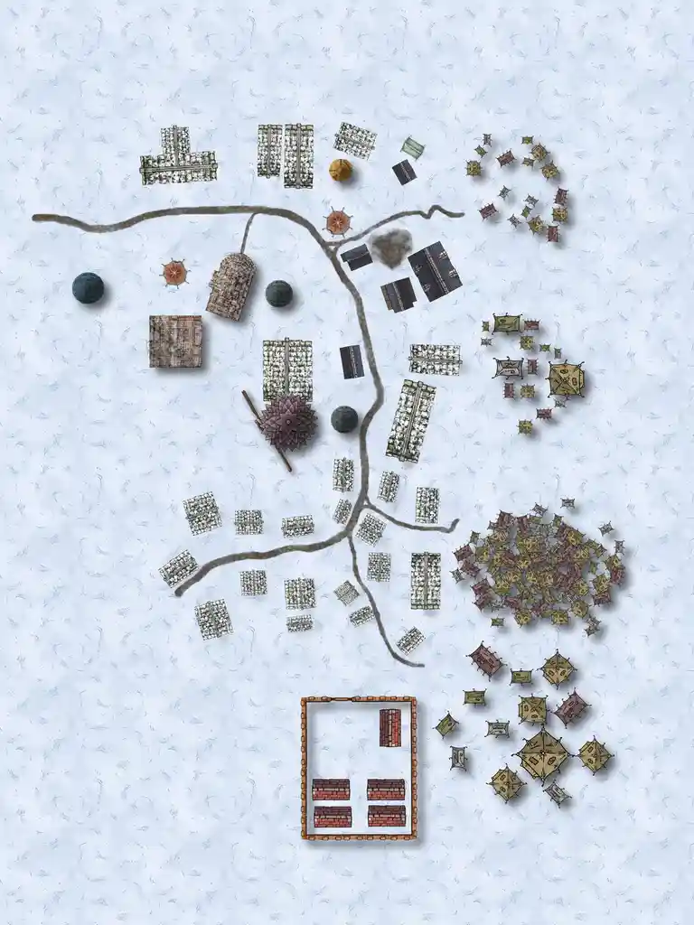 An overhead fantasy map shows scattered stone buildings, tents, and a central river, with a single outlined house at the…