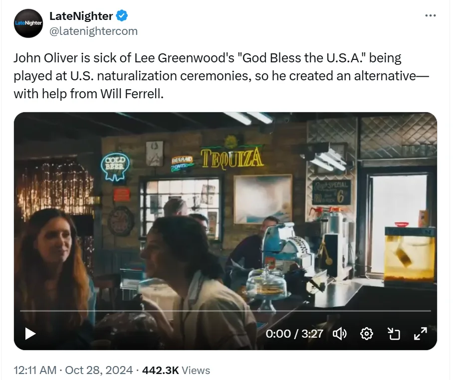 A screenshot of a tweet from LateNighter showing a video thumbnail of two women in a bar with neon signs for 'COLD BEER' and…
