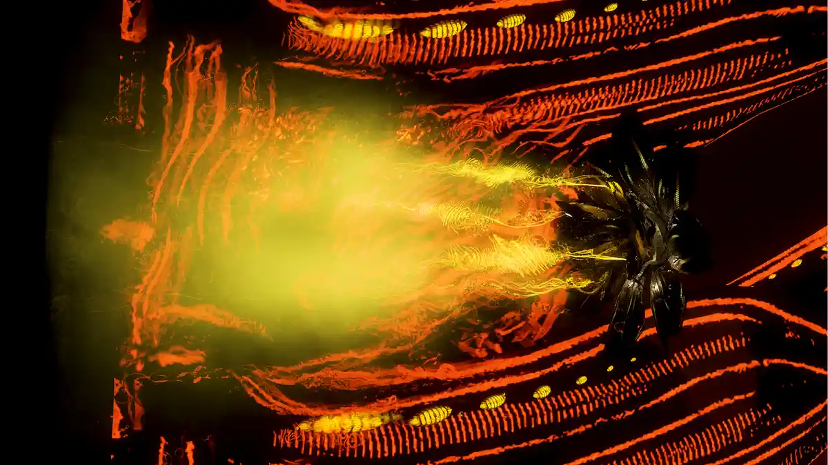 A dark, abstract digital artwork featuring glowing orange and yellow streaks and patterns, with a bright yellow-green…