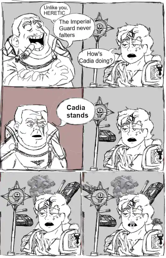 A four-panel comic strip featuring two characters from Warhammer 40,000. In the first panel, a smug, cigar-smoking Imperial…