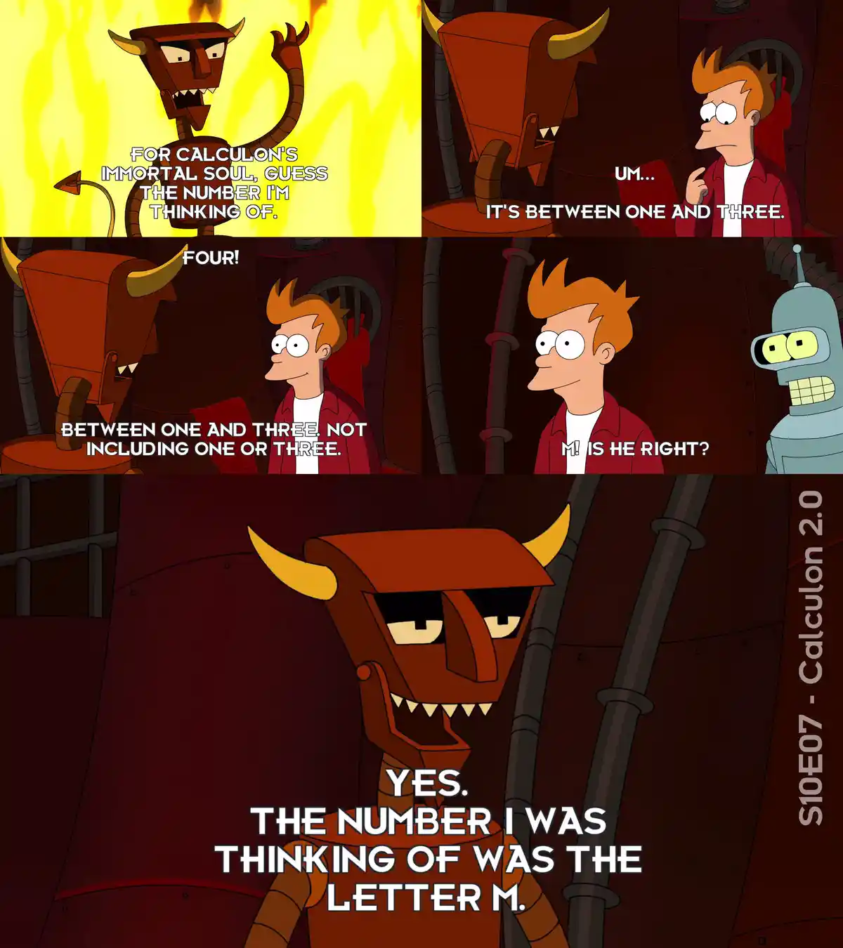 A five-panel comic strip from Futurama shows a devil-like robot asking Fry to guess a number for Calculon's soul. Fry…