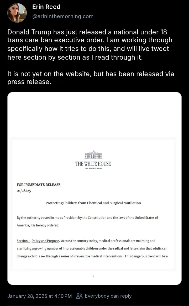 A screenshot of a tweet by Erin Reed showing a fake White House press release dated 01/28/25 titled 'Protecting Children…