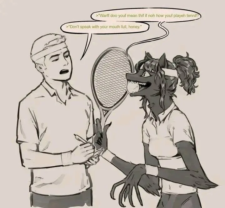 A cartoon drawing shows a human man holding a tennis racket and a notepad, looking annoyed as a wolf-like woman with a…