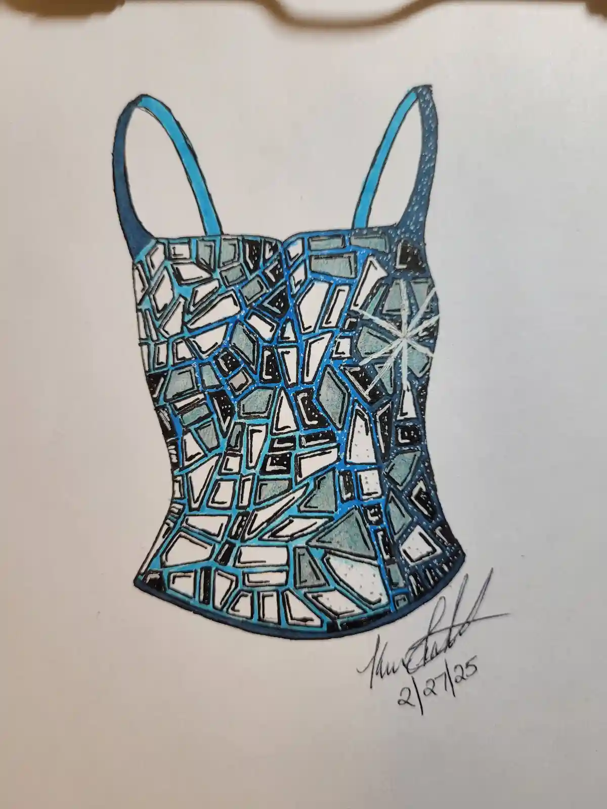 A hand-drawn illustration of a blue tank top with a mosaic pattern made of irregular geometric shapes in shades of blue…