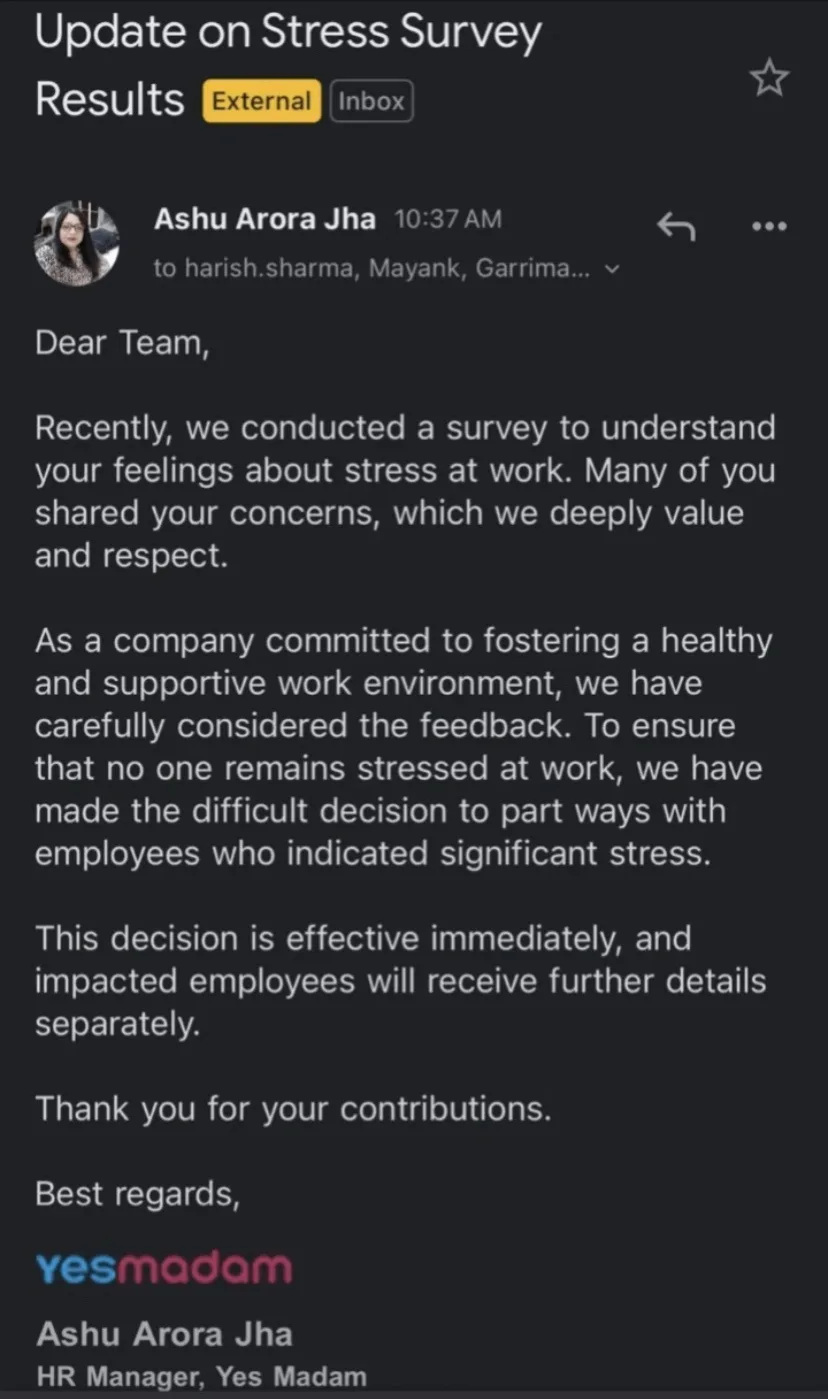 A screenshot of an email from Ashu Arora Jha, HR Manager at Yes Madam, announcing that the company will terminate employees…