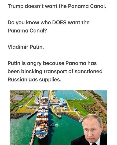 An aerial photo of a large cargo ship passing through the Panama Canal, with a photo of Vladimir Putin superimposed in the…