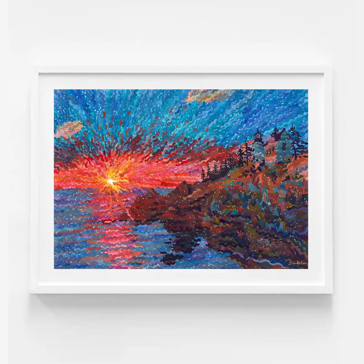 A framed painting depicts a vibrant, stylized sunset or sunrise over water with a rocky shore and trees, rendered in a…