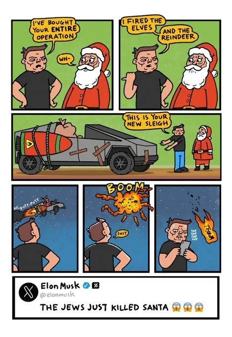 A five-panel comic shows Santa telling a man he bought his entire operation, then firing elves and reindeer, handing him a…