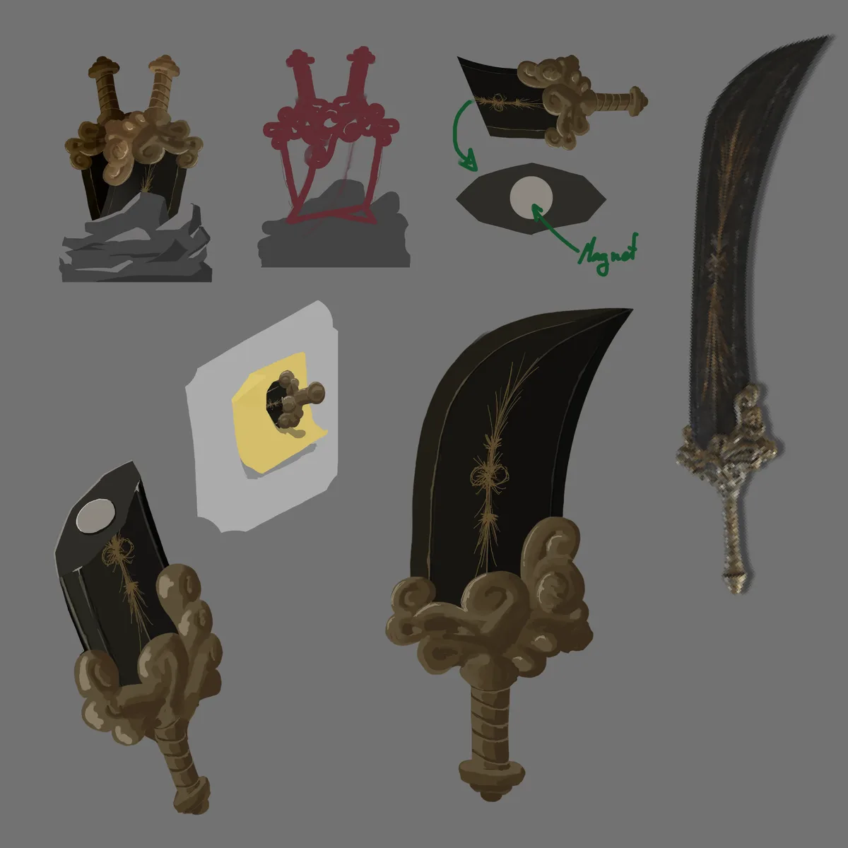 A concept art sheet displays various designs for ornate, fantasy-style swords with intricate hilts and curved blades. One…