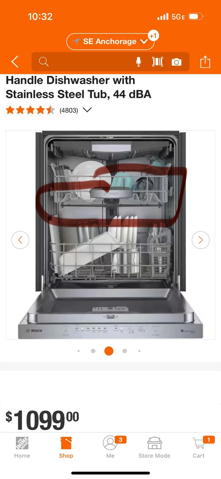 A screenshot of a Bosch dishwasher product page from The Home Depot app, showing the interior with dishes loaded. A large…