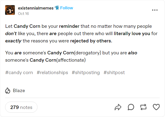 The image is a screenshot of a Tumblr post from the account 'existennialmemes' dated October 16. The post features black…