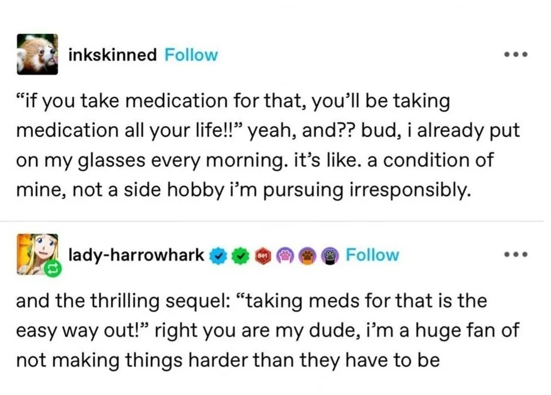 A screenshot of two Twitter replies. The first user, 'inkskinned', responds to a comment about lifelong medication by…