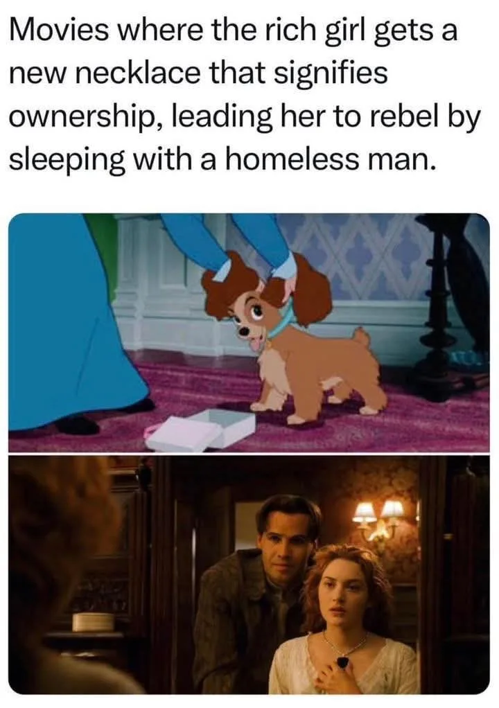 The meme features two images: the top shows a cartoon dog (Lady from 'Lady and the Tramp') looking up at a person holding a…