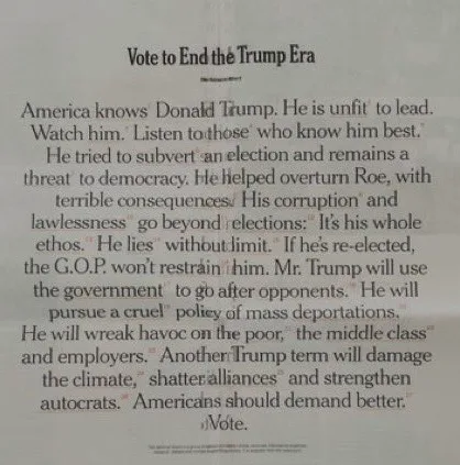 A newspaper-style article titled 'Vote to End the Trump Era' lists accusations against Donald Trump, including subverting…