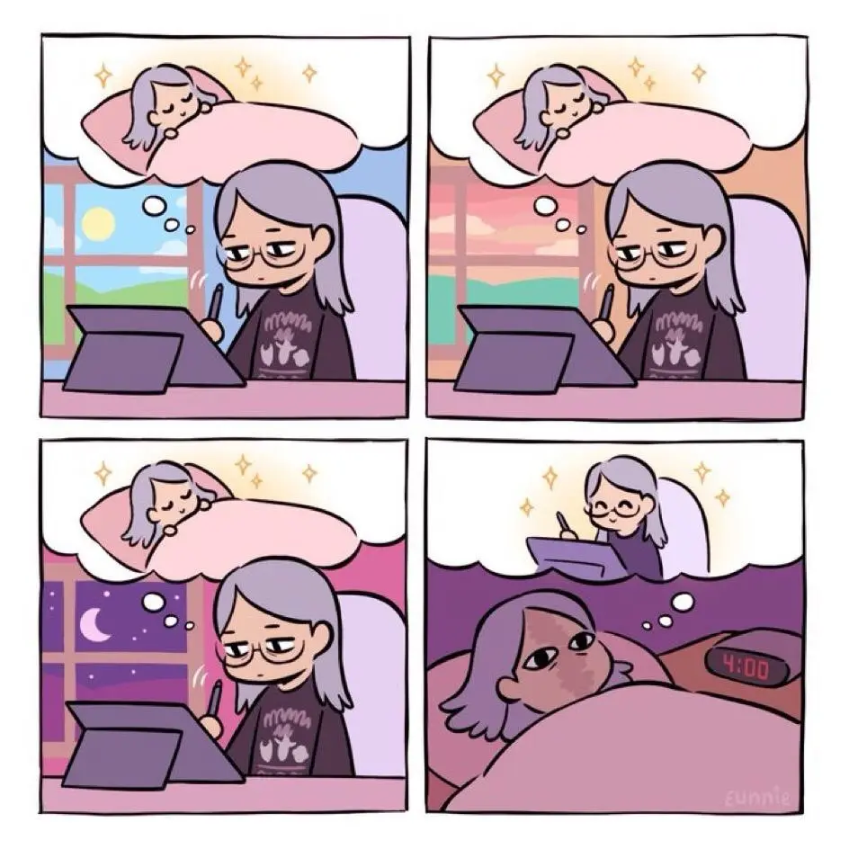A four-panel comic shows a tired person with gray hair and glasses working on a laptop at a desk. In their thought bubble…