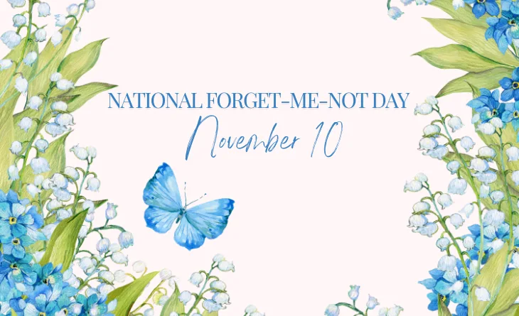 A decorative image features blue and white forget-me-not flowers and a blue butterfly arranged in a border around a central…