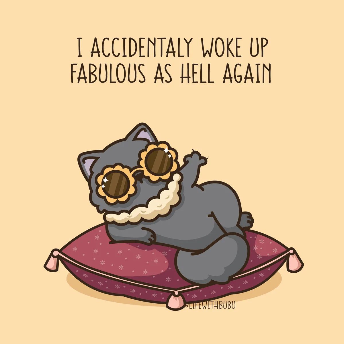 A cartoon gray cat lounges confidently on a purple pillow with tassels, wearing oversized flower-shaped sunglasses and a…