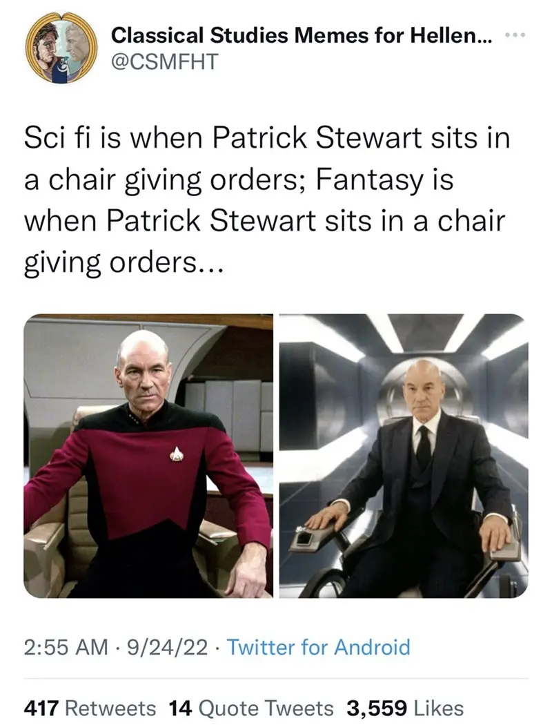 The image displays two side-by-side photos of actor Patrick Stewart. On the left, he is in his Star Trek uniform seated in a…