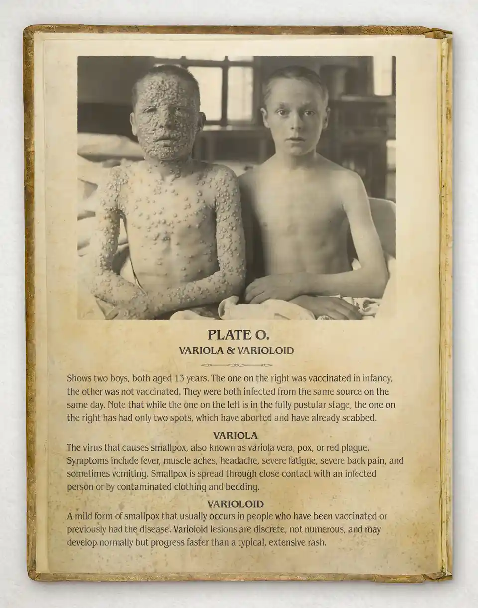 An old medical textbook page shows two 13-year-old boys; one is covered in severe smallpox lesions while the other is…
