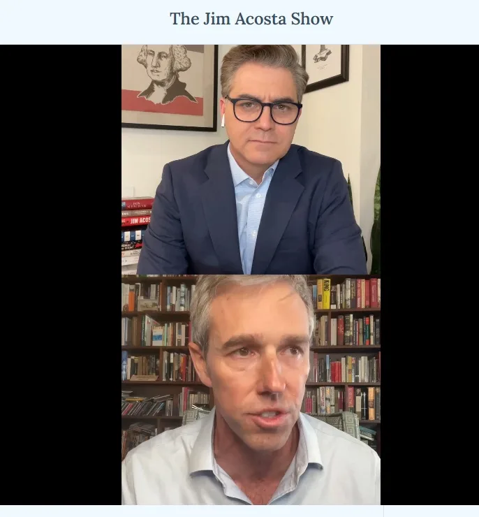 A split-screen image shows two men in separate video call frames. The top man, wearing glasses and a suit, has a stern…