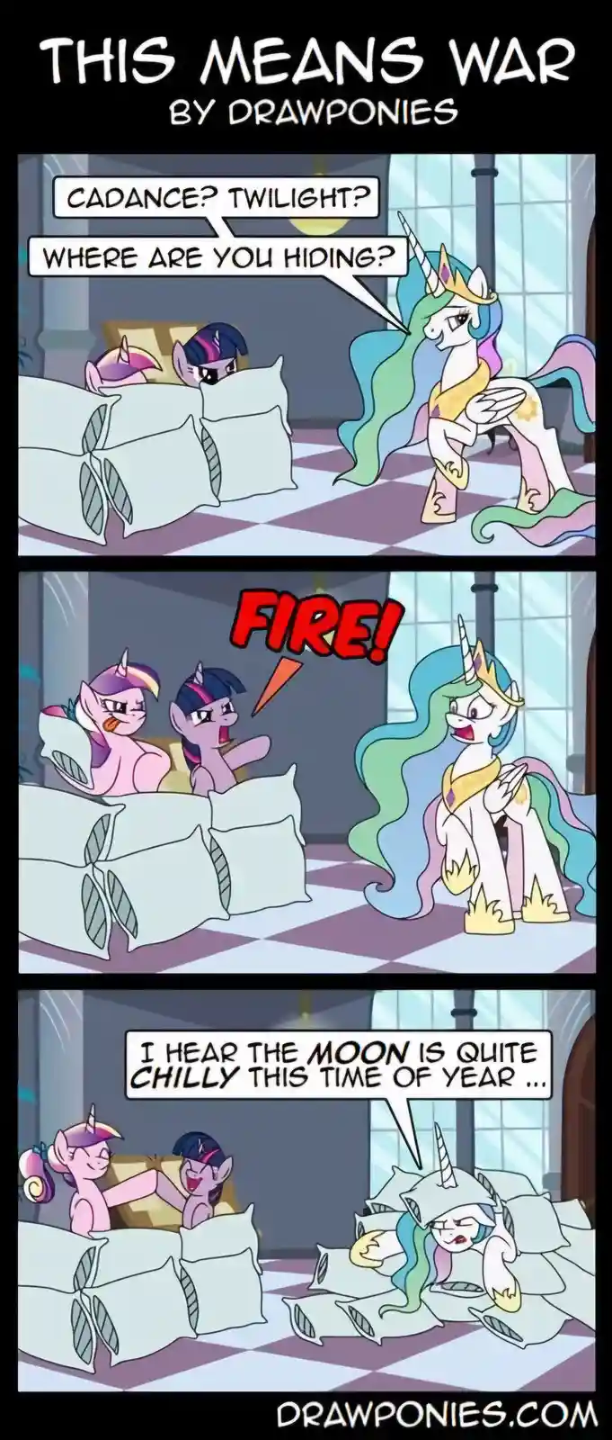 A three-panel comic strip from 'Drawponies' featuring Princess Celestia searching for Cadance and Twilight Sparkle, who are…