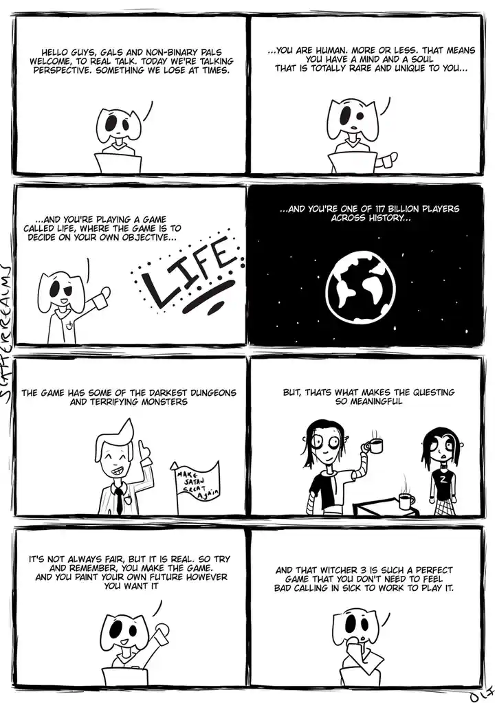 A six-panel comic strip featuring a cat-like character giving a motivational speech about life as a game, contrasting the…