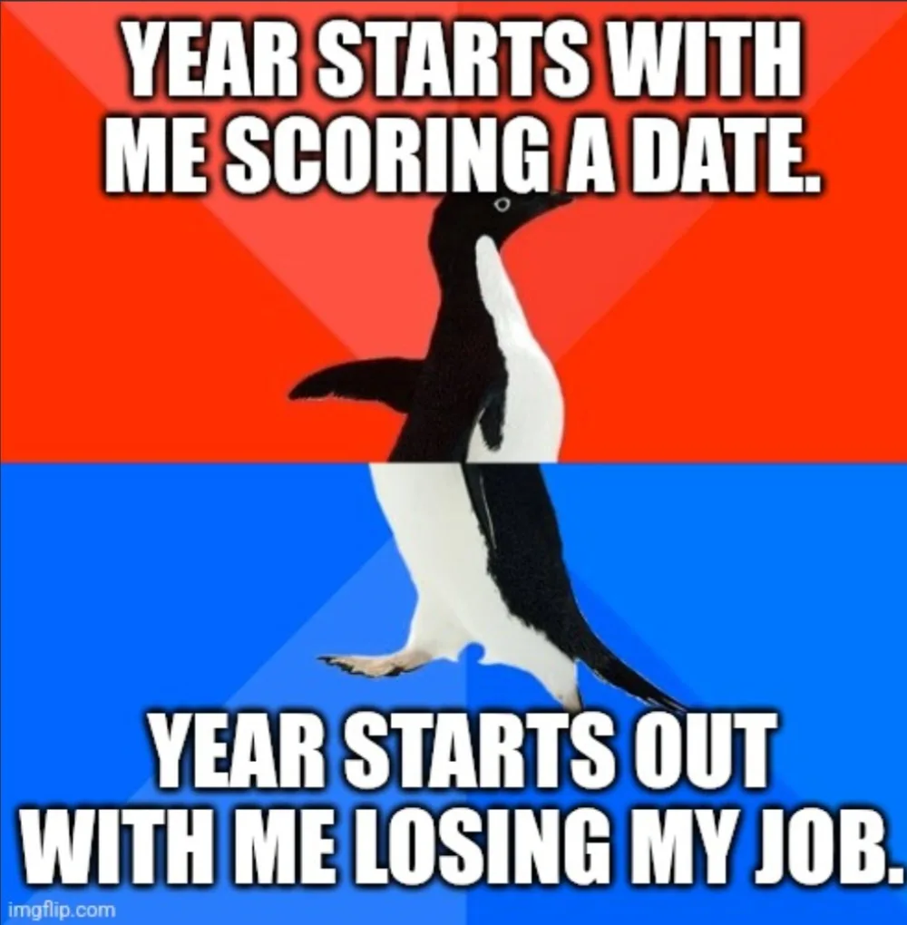 A penguin stands centered against a red and blue background, split horizontally. The top half has white text reading 'YEAR…