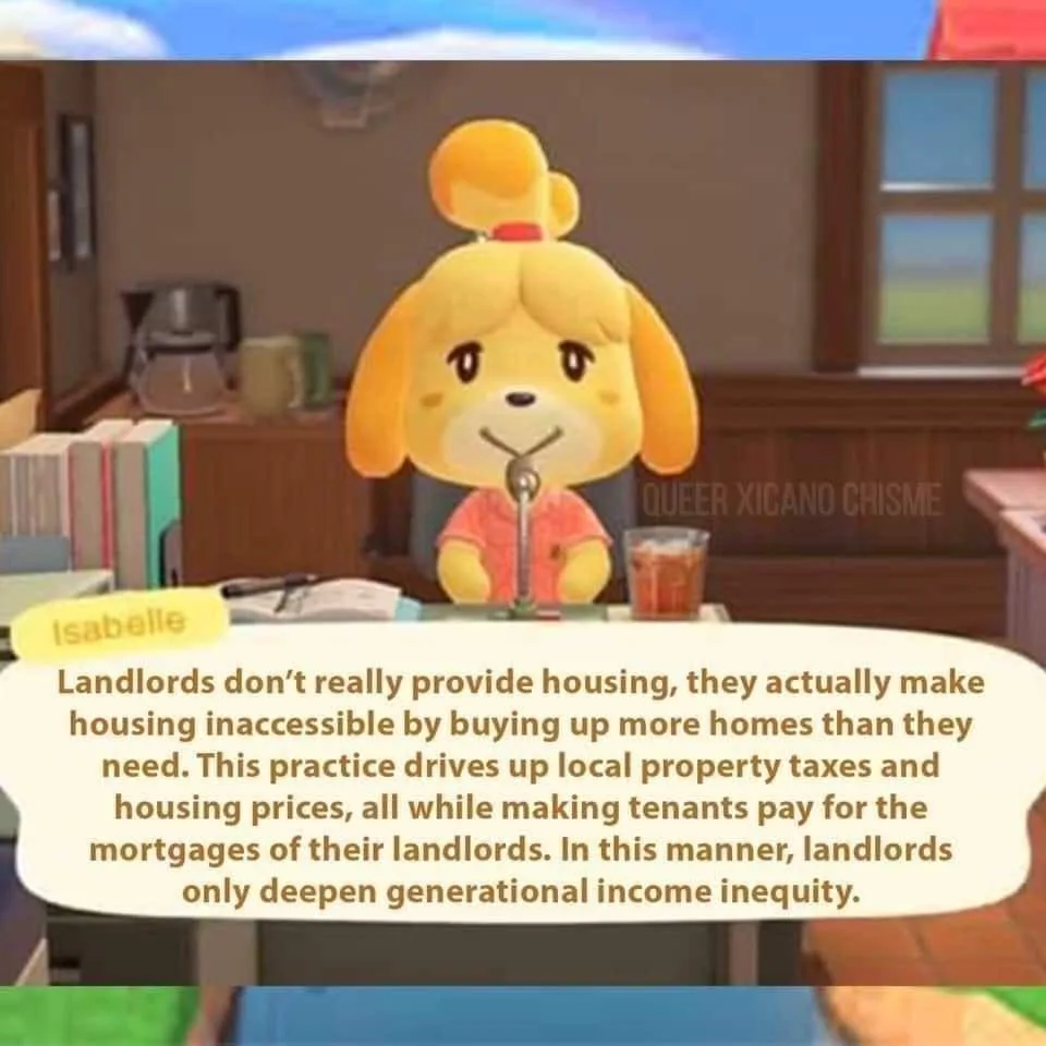 A screenshot from Animal Crossing shows Isabelle, a yellow dog character, sitting at a desk with a microphone and a drink. A…