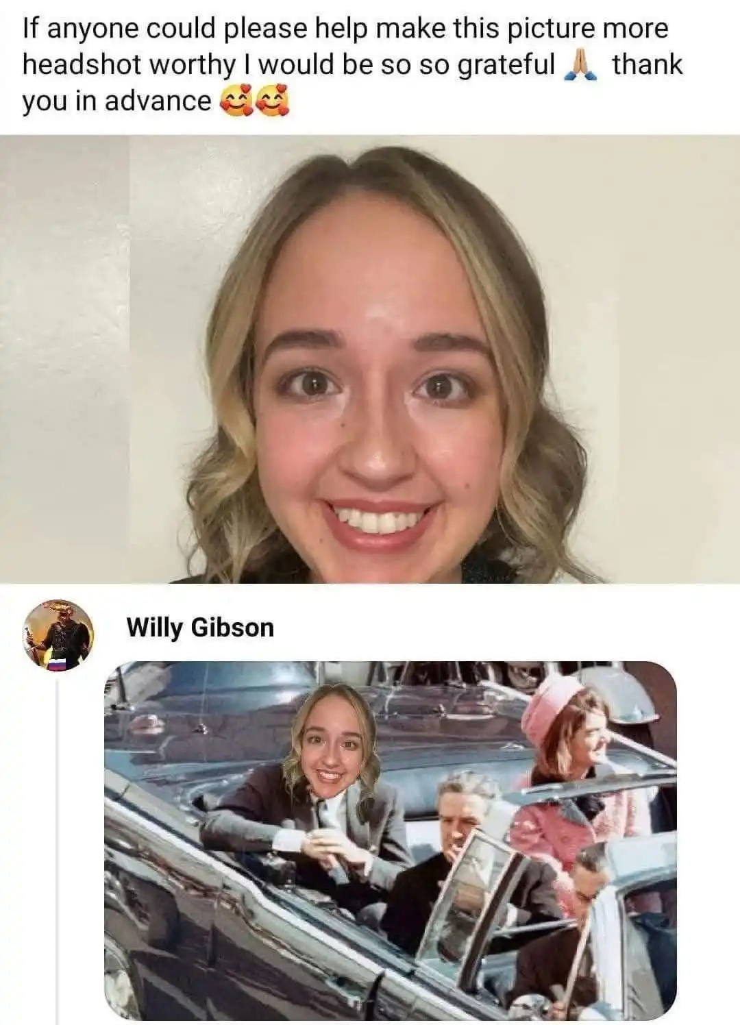 The image shows a young woman with blonde hair smiling widely at the camera. Below, her face has been digitally pasted onto…