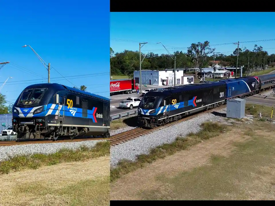The image shows two side-by-side photos of an Amtrak train, specifically locomotive number 301 with '50' painted on its…