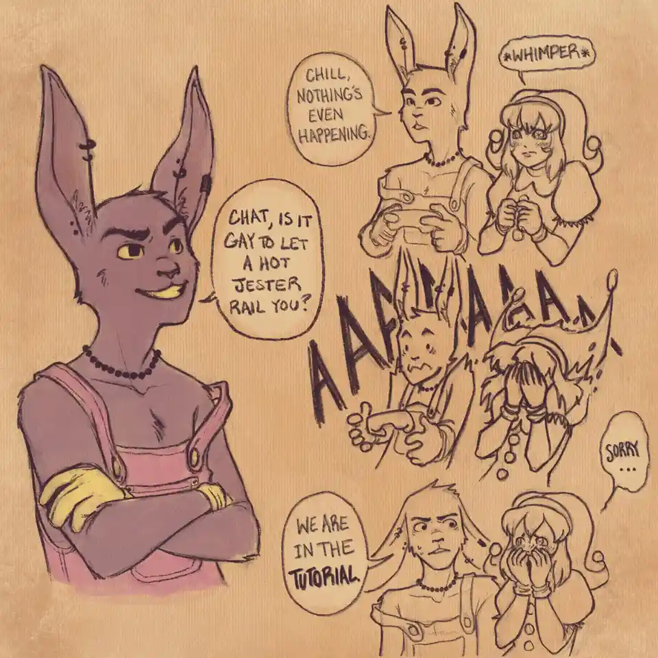 A comic-style drawing shows a confident purple-skinned rabbit character asking another character if it's 'gay to let a hot…