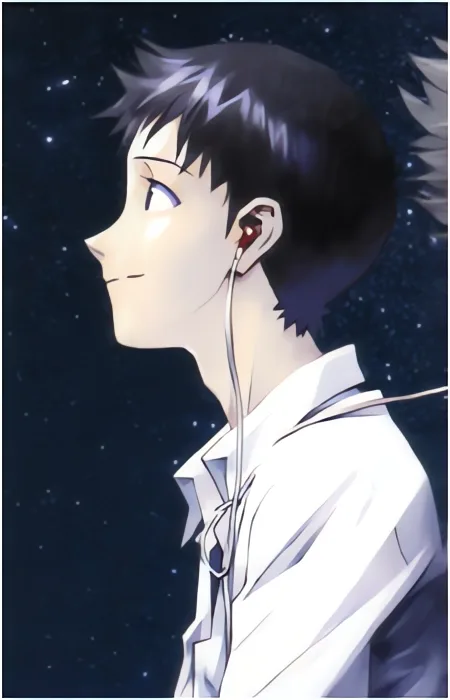 An anime-style illustration of a young man with dark hair and blue eyes, shown in profile against a starry night sky. He…