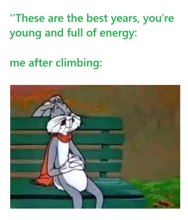 A cartoon image of Bugs Bunny sitting on a green park bench, looking exhausted with his eyes closed and arms wrapped around…
