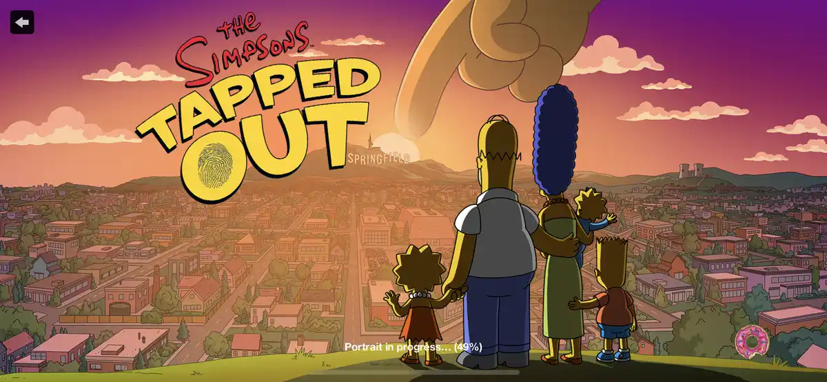 The Simpson family stands on a hill overlooking Springfield as a giant finger looms overhead. The game title 'The Simpsons…