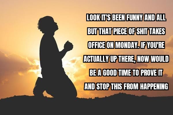 A silhouette of a person kneeling in prayer against a sunset sky, with bold white text overlaid that reads: 'LOOK IT'S BEEN…