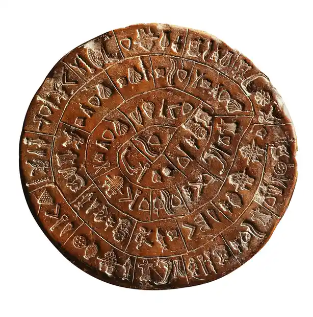a circular, brownish artifact with concentric rings of ancient cuneiform and pictographic symbols, resembling an ancient…