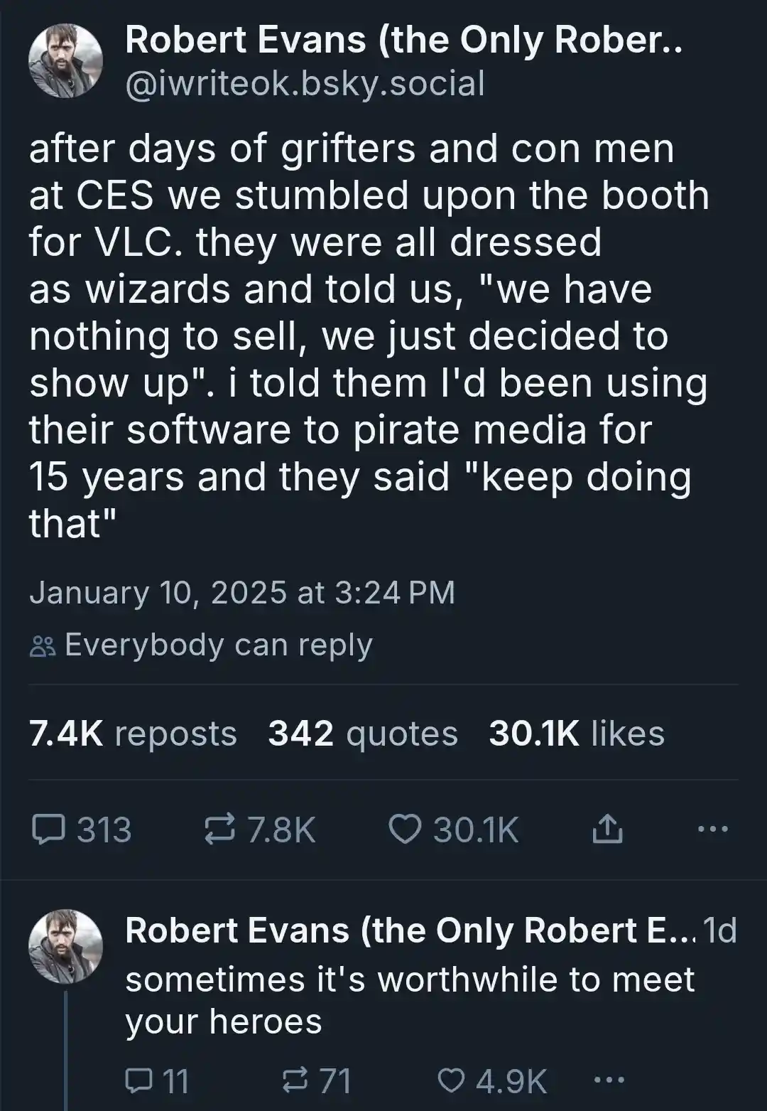 A screenshot of a social media post by Robert Evans, showing a dark-themed interface with white text. The post recounts…