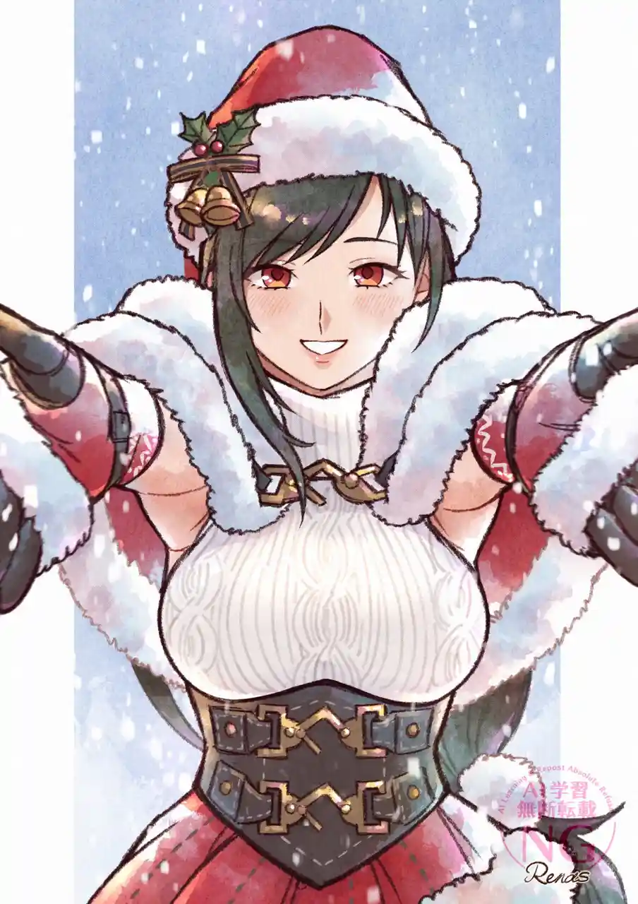An anime-style illustration of a woman with dark hair and red eyes wearing a festive Santa hat adorned with holly and bells…