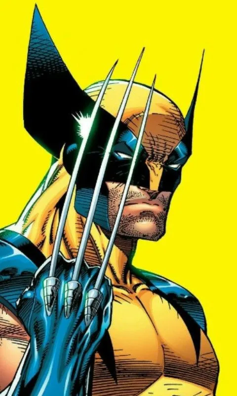 A comic book illustration of the superhero Wolverine, shown in his iconic yellow and blue costume with his adamantium claws…