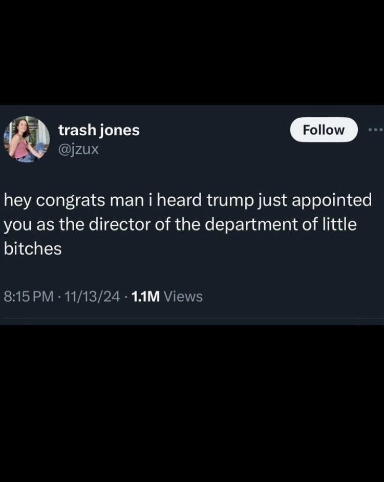 A screenshot of a tweet from user 'trash jones' (@jzux) with a dark background, showing a celebratory message that…