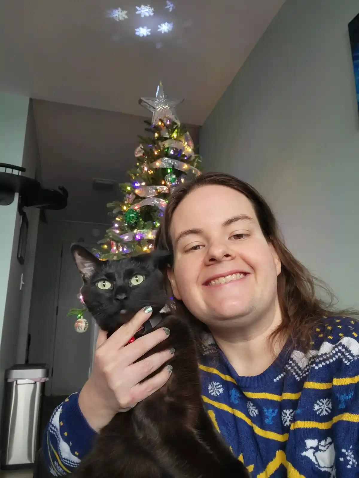 A person in a festive blue and yellow sweater holds a black cat in front of a decorated Christmas tree with lights and a…