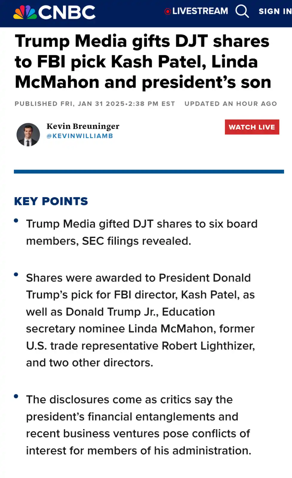 A screenshot of a CNBC news article from January 31, 2025, with the headline 'Trump Media gifts DJT shares to FBI pick Kash…