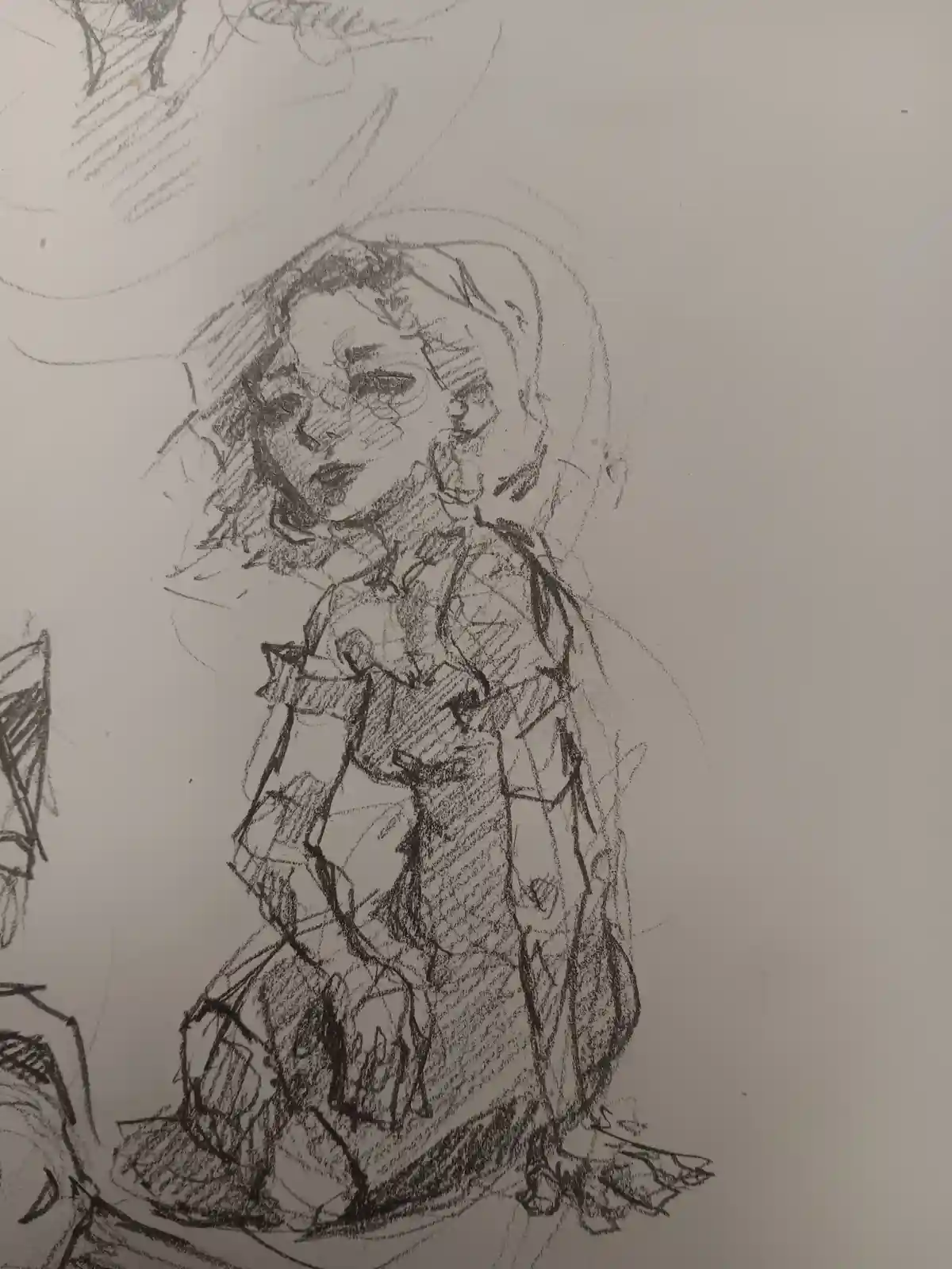 A rough pencil sketch of a young girl in a dress, looking upward with a tearful expression. The image has text overlaid that…