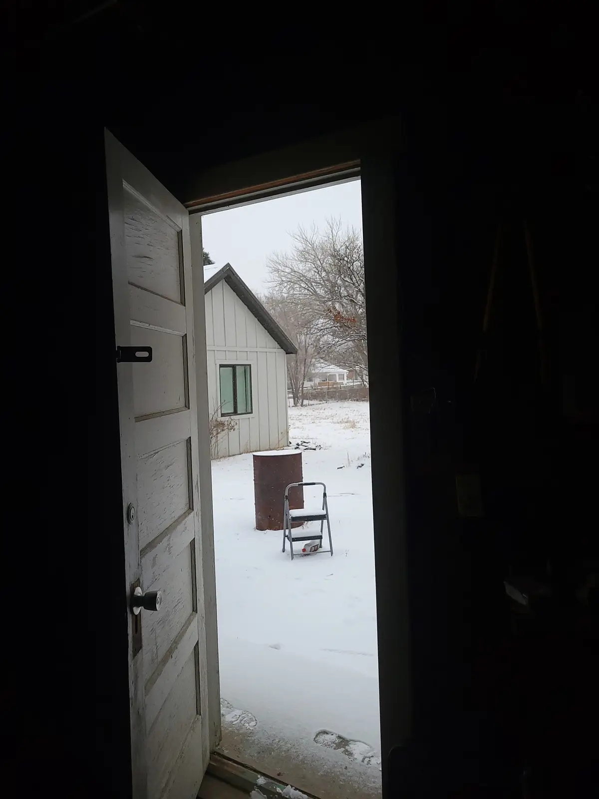 A view from inside a dark room looking out through an open white door onto a snowy yard. Outside, a small white shed, a…