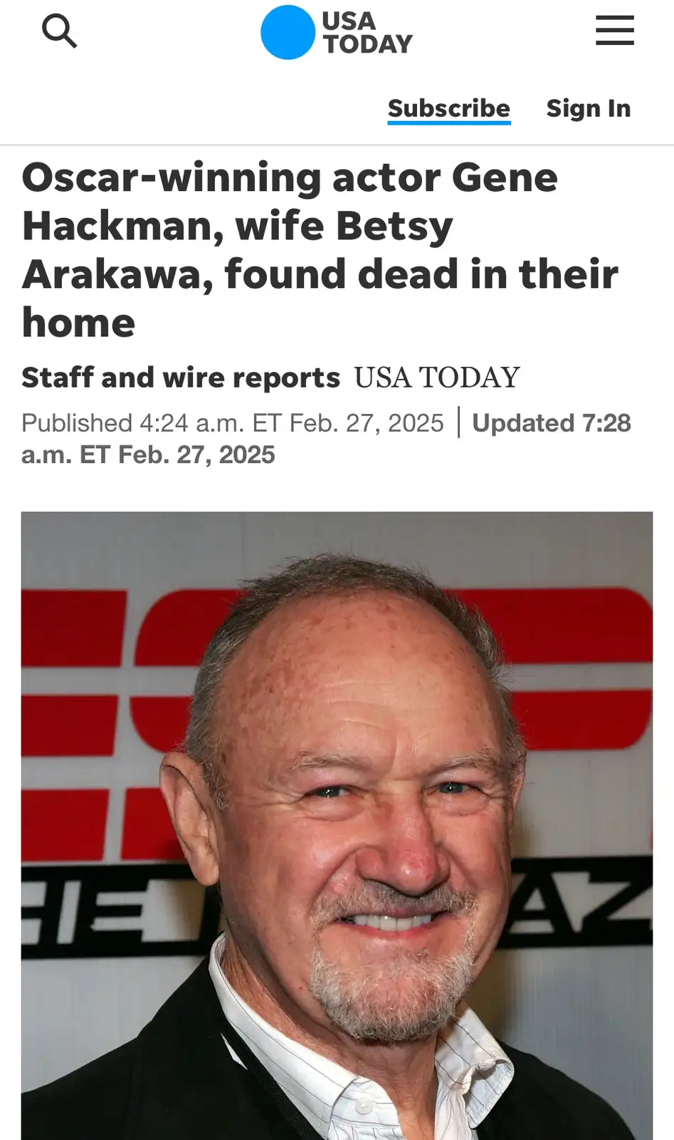 A screenshot of a USA TODAY news article from February 27, 2025, announcing the death of Oscar-winning actor Gene Hackman…