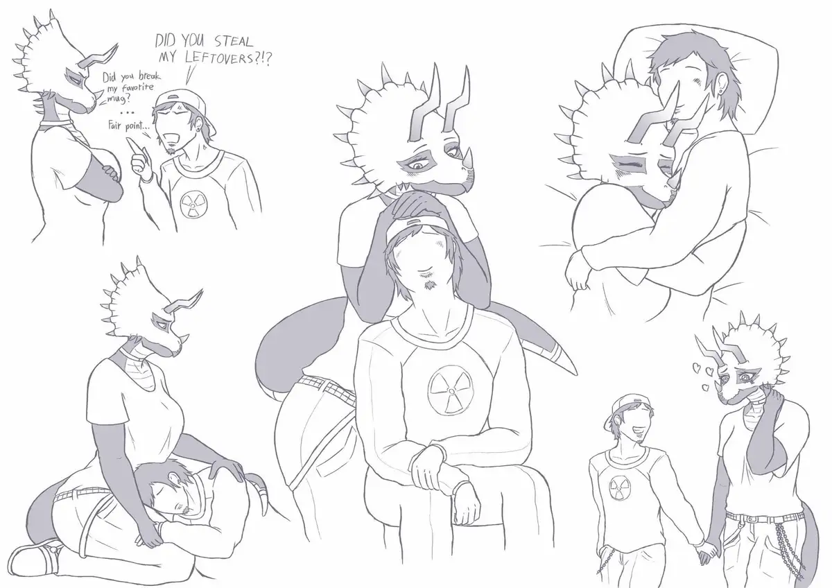 A black-and-white comic strip shows a human man and a horned, spiky-haired anthropomorphic creature in various affectionate…
