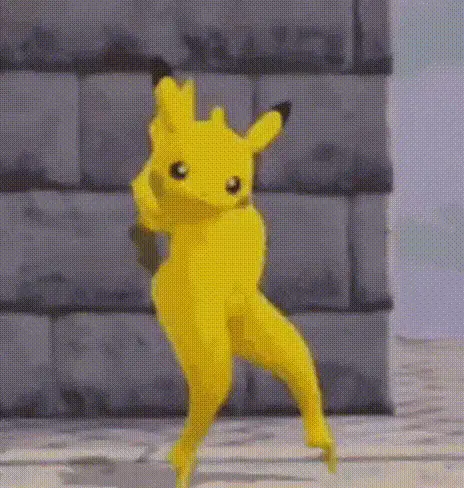 A six-panel image sequence shows Pikachu, the yellow Pokémon, performing a dance in front of a stone wall. The panels depict…
