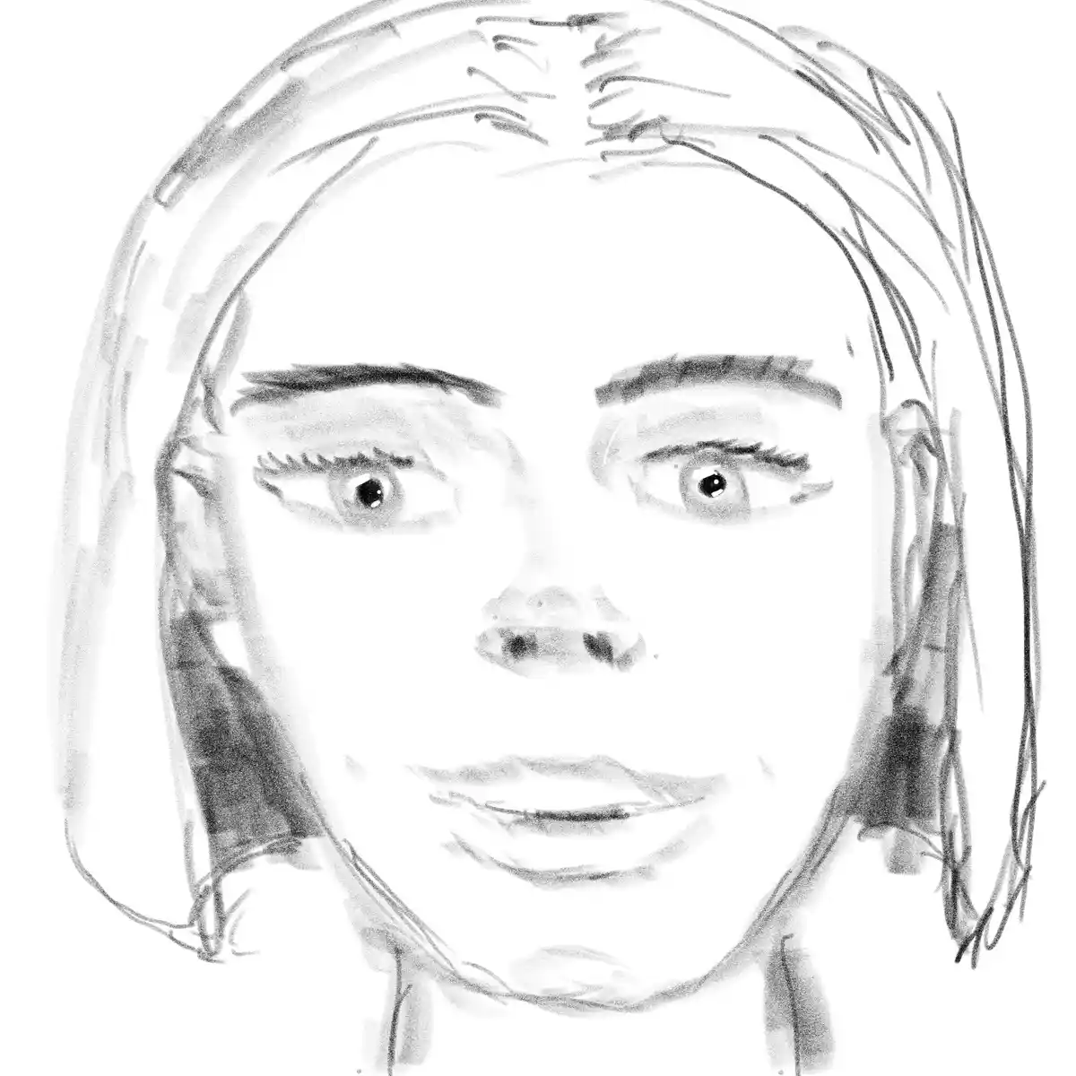 A black-and-white sketch of a woman's face with wide, expressive eyes and a slightly parted mouth, conveying a look of shock…