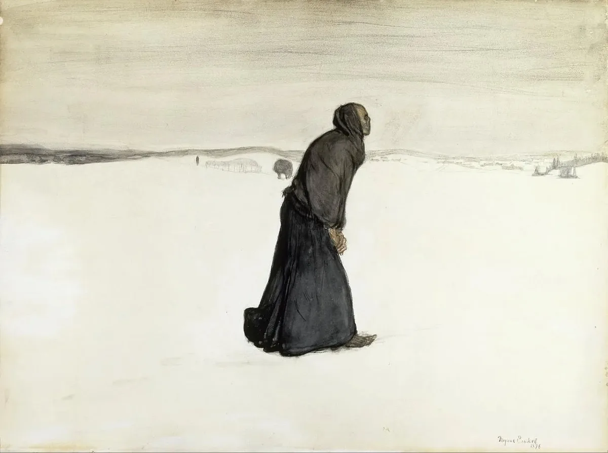 A somber, monochrome painting depicts a lone, hooded figure in dark robes standing in a vast, snowy landscape, looking…