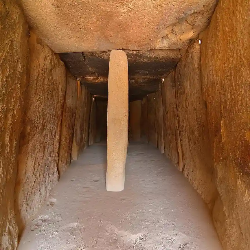 A narrow, ancient stone chamber with rough-hewn walls and a large standing stone blocking the path ahead. The floor is…